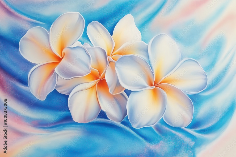 Serene frangipani flowers on dreamy blue backdrop Serene frangipani flowers on dreamy blue backdrop