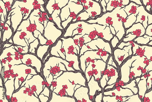 Wallpaper Mural Blossoming branches pattern with red flowers on beige background Torontodigital.ca