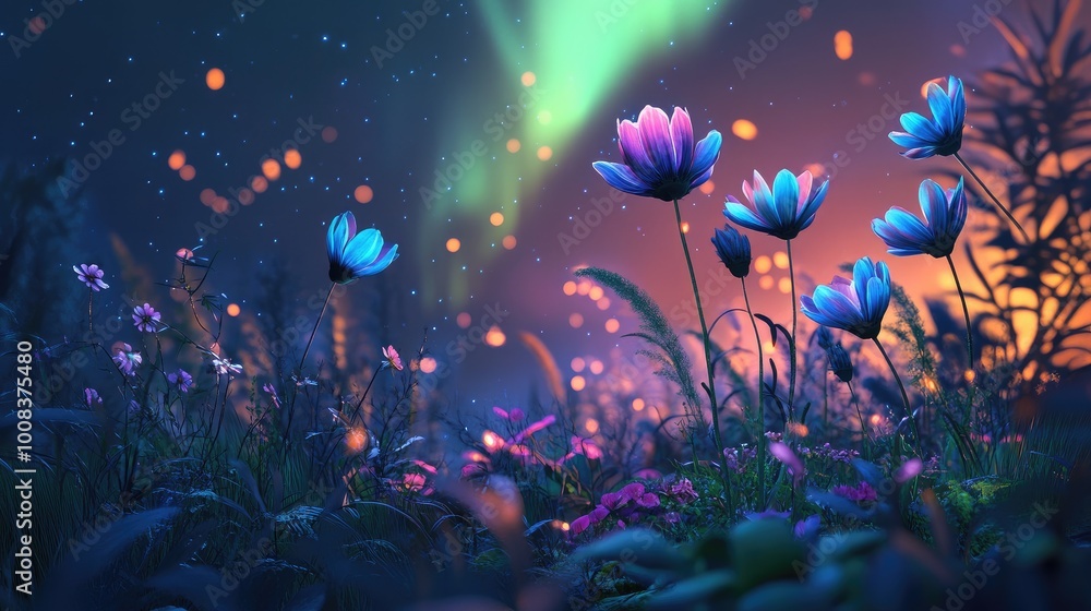 The captivating outlines of flowers and plants illuminated by the northern lights, showcasing a focal point of brilliant colors that enhances the atmosphere. The captivating outlines of flowers and plants illuminated by the northern lights, showcasing a focal point of brilliant colors that enhances the atmosphere.