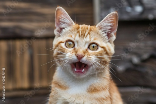 Portrait of cute ginger tabby kitten meowing. Surprised orange cat with open mouth