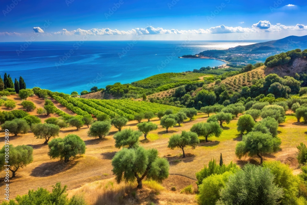 Fototapeta premium Breathtaking Mediterranean Landscape Featuring Rolling Hills, Olive Trees, and Azure Blue Sea Horizon