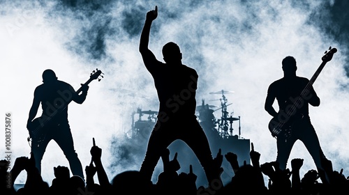 Silhouettes of musicians performing on stage with crowd and dramatic lighting. photo