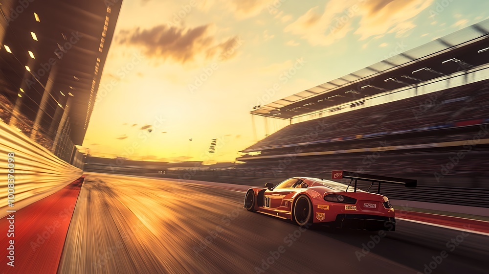 Racing car speeding on a sunset-lit track with stadium grandstands ...