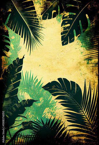 Tropical grunge background featuring palm leaves, ideal for travel or vacation-themed design projects. Image evokes sense of adventure and can be used in marketing materials or social media graphics