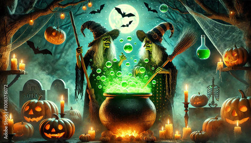 Halloween illustration of two witches stirring a cauldron and cackling 