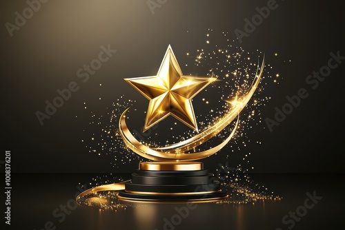 Golden star award on black background with sparkling effects