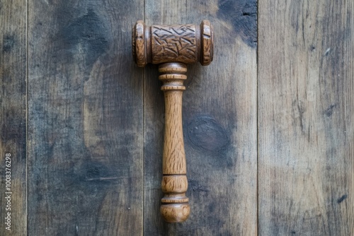 vintage wooden gavel on rustic wood background