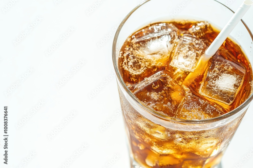 Refreshing iced glass with bubbles straw Refreshing iced glass with bubbles straw