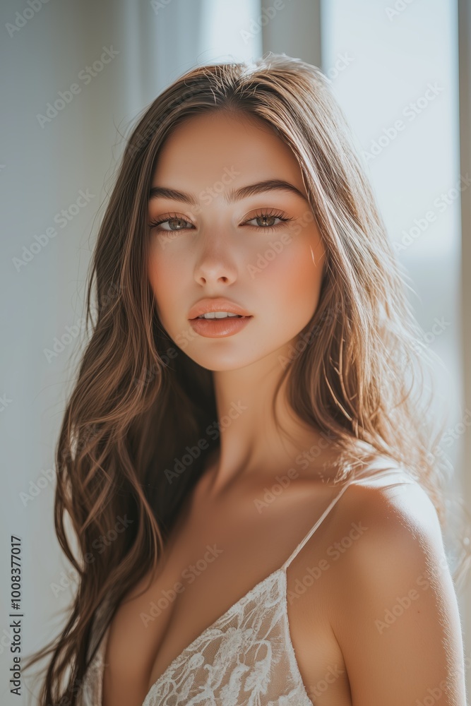 A close-up portrait of a young woman with long hair, wearing a lace top, illuminated by natural light. A close-up portrait of a young woman with long hair, wearing a lace top, illuminated by natural light.