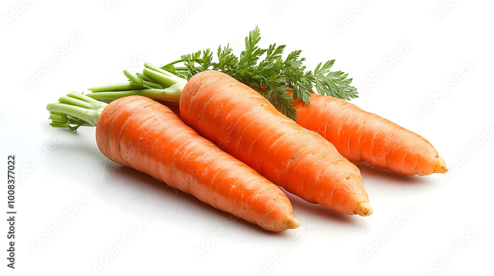 Freshly harvested organic carrots with lush green leaves on a plain white background. Freshly harvested organic carrots with lush green leaves on a plain white background.