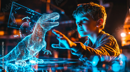 A kid boy enjoys interacting with a holographic dinosaur. The concept of the excitement of blending technology with play and learning through augmented reality. Generative AI.