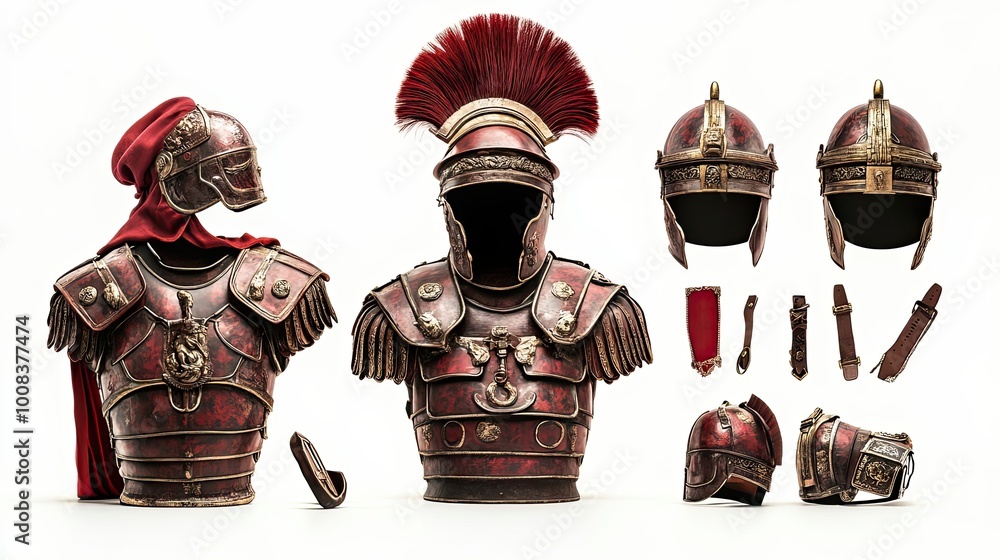 Roman Gladiator Armor and Helmet Set with Red Plume and Cape Roman Gladiator Armor and Helmet Set with Red Plume and Cape