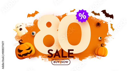 80 percent off. Halloween sale banner template. Podium and numbers with amount of discount. Special October offer. Vector illustration.