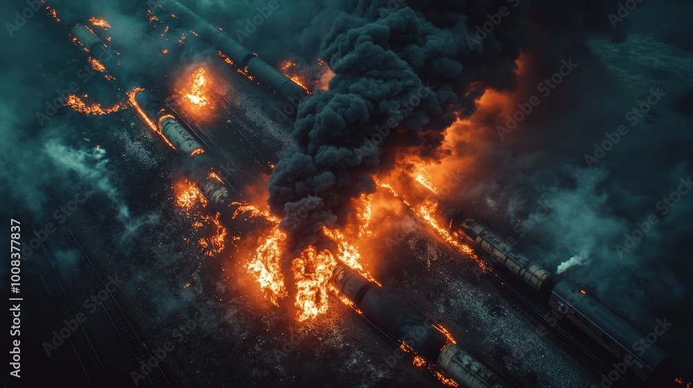 Train Derailment with Flames and Smoke, Aerial Disaster Scene Train Derailment with Flames and Smoke, Aerial Disaster Scene