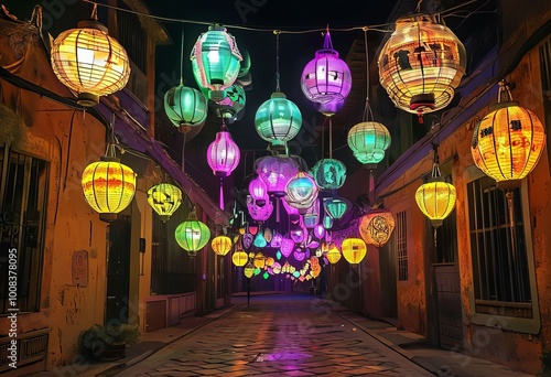 luminescent lane a narrow street illuminated by hanging holograp photo