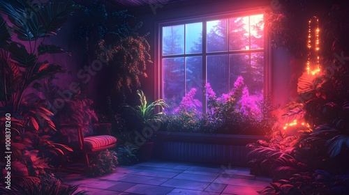 Lively neon-colored design of peacock feathers with vibrant abstract elements