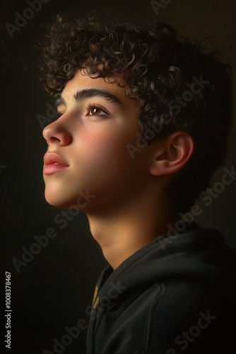 Portrait of a young man with curly hair gazing upward in contemplation, against a dark background with soft lighting.