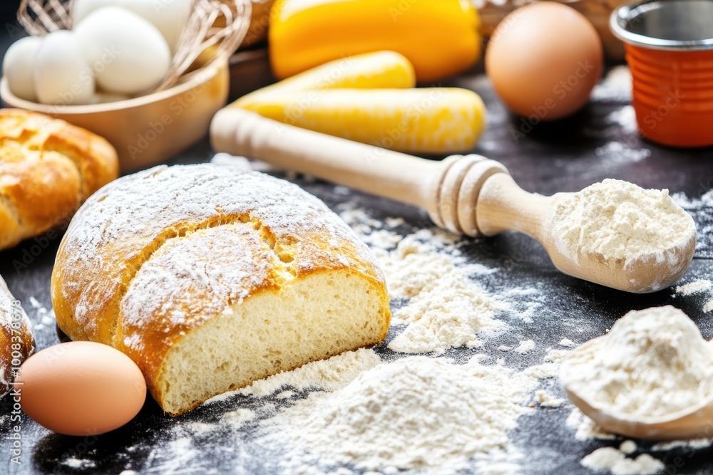 Freshly baked bread with ingredients on kitchen table Freshly baked bread with ingredients on kitchen table
