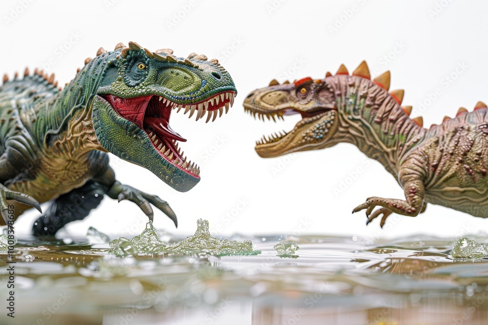 Fototapeta premium Two dinosaurs are fighting on a white background