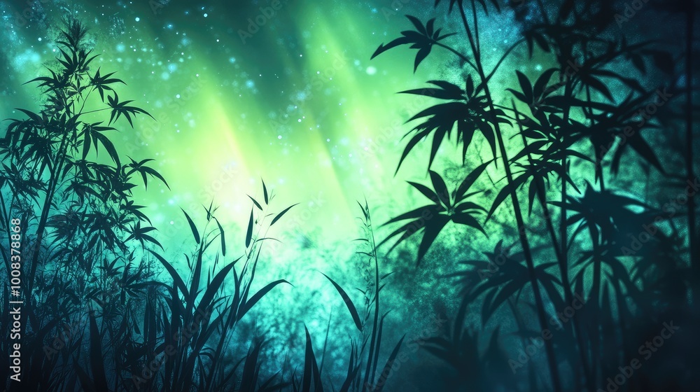 The stunning silhouettes of plants illuminated by the northern lights, where the focal point of light enhances the magical ambiance of the scene. The stunning silhouettes of plants illuminated by the northern lights, where the focal point of light enhances the magical ambiance of the scene.