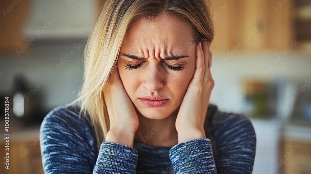 Portrait of a sad woman experiencing a headache, capturing her tired expression and beauty as she holds her head in her hands, reflecting pain and worry Portrait of a sad woman experiencing a headache, capturing her tired expression and beauty as she holds her head in her hands, reflecting pain and worry