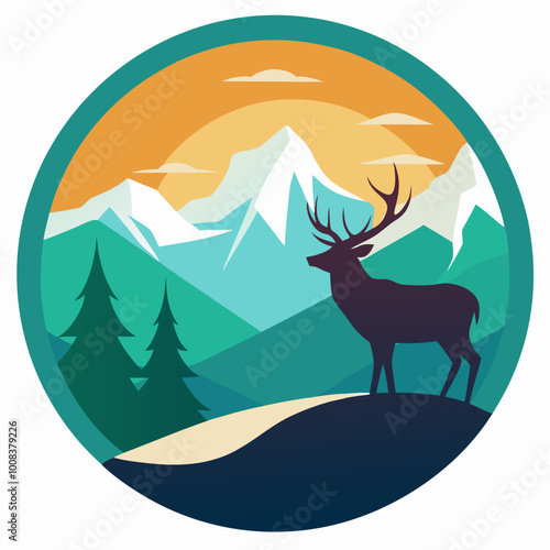 Elk staying on the  mountain logo style vector illustration on white background