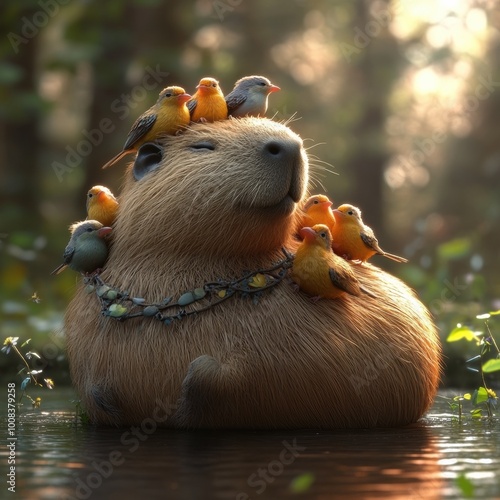 A capybara surrounded by colorful birds in a serene forest setting, showcasing peaceful coexistence and vibrant nature. photo