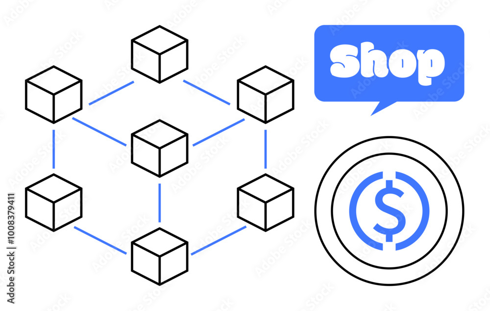 Diagram of interconnected cubes symbolizing a blockchain, a blue speech bubble with the word Shop and a circular money icon. Ideal for digital commerce, blockchain technology, online shopping Diagram of interconnected cubes symbolizing a blockchain, a blue speech bubble with the word Shop and a circular money icon. Ideal for digital commerce, blockchain technology, online shopping