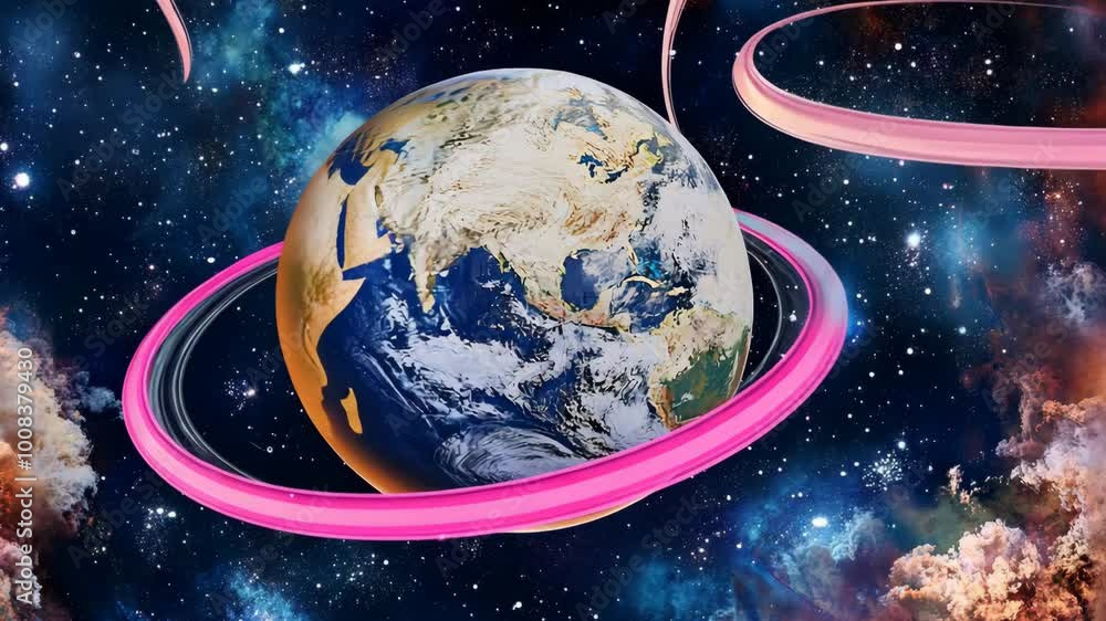 Planet earth with swirling pink rings in a cosmic space scene with stars and colorful nebulae, 4k footage