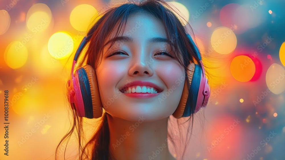 A joyful young woman enjoying music with colorful lights in the background. A joyful young woman enjoying music with colorful lights in the background.