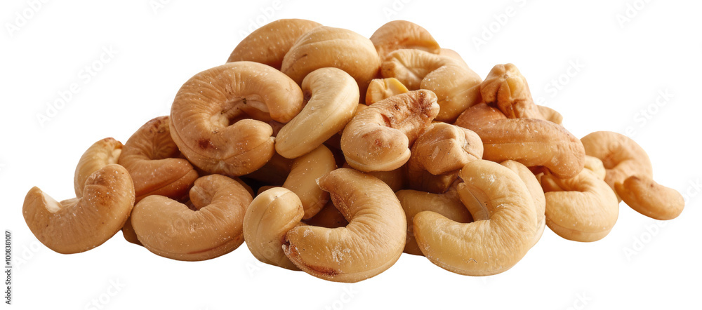 A pile of cashew nuts piled together on a transparent background, displayed in a realistic photo with slightly elevated camera angle to emphasize them against a pure transparent background. A pile of cashew nuts piled together on a transparent background, displayed in a realistic photo with slightly elevated camera angle to emphasize them against a pure transparent background.