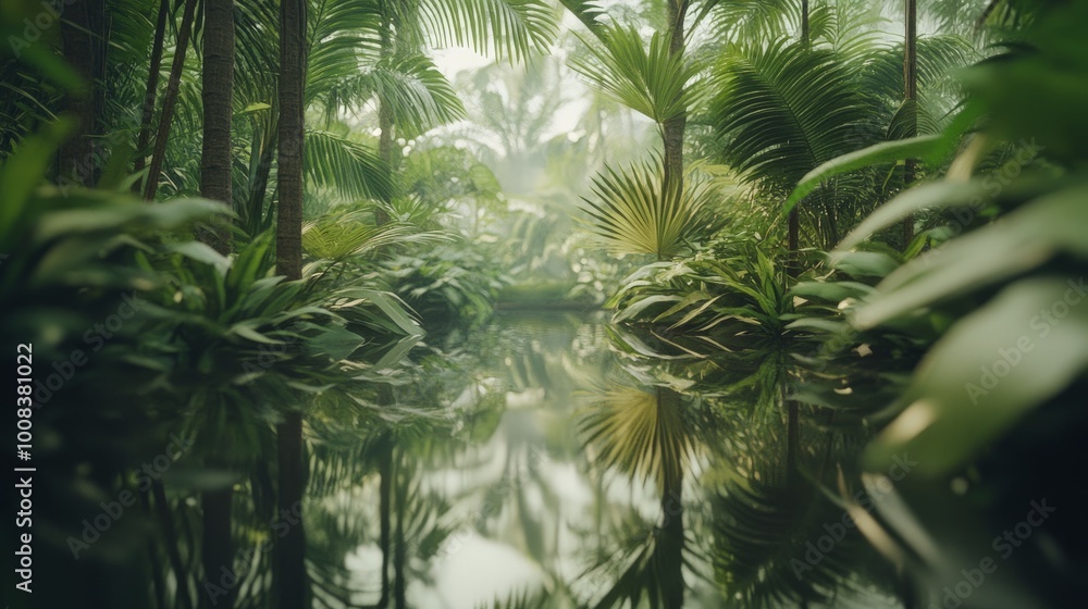 A tranquil jungle scene with a still pond reflecting the lush foliage and misty atmosphere. A tranquil jungle scene with a still pond reflecting the lush foliage and misty atmosphere.