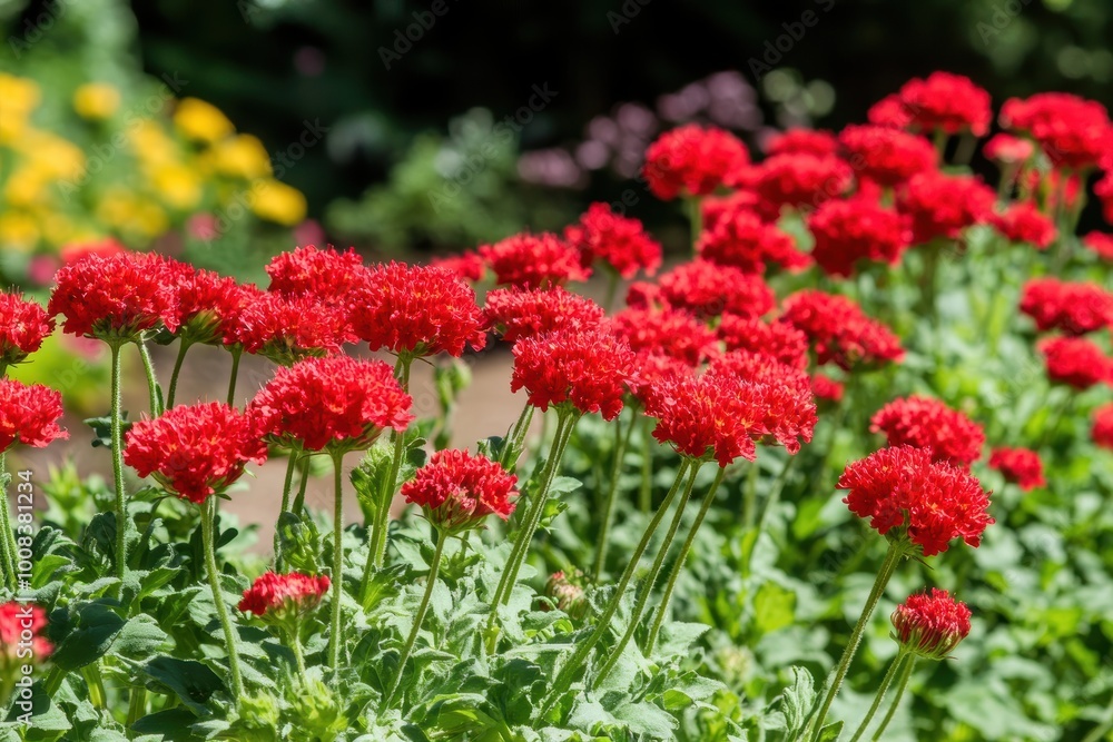 Vibrant red cockscomb flowers blooming in sunny garden Vibrant red cockscomb flowers blooming in sunny garden