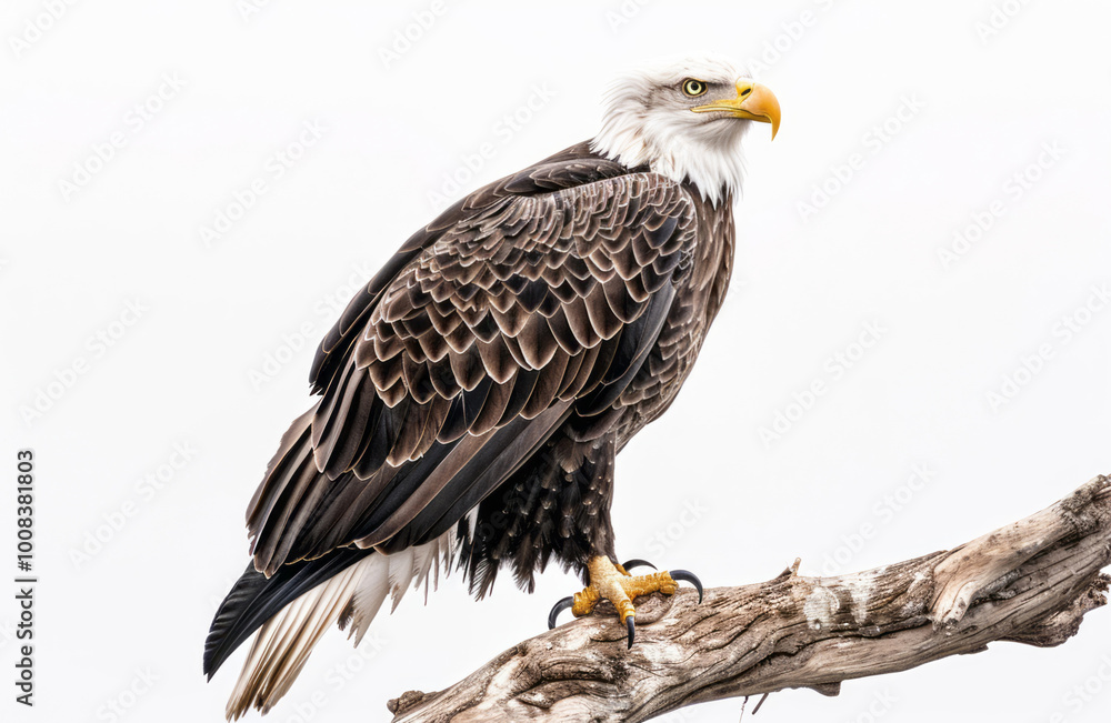 Fototapeta premium A bald eagle perched on driftwood is isolated against a white background, showing the eagle in full length.