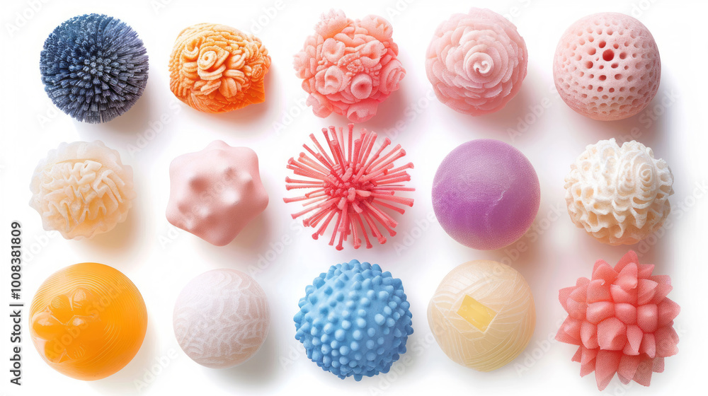 Different squishy balls on a white background, including one resembling an elephant's tusk, another with a soft fabric texture, and one that looks like fur or wool. Different squishy balls on a white background, including one resembling an elephant's tusk, another with a soft fabric texture, and one that looks like fur or wool.