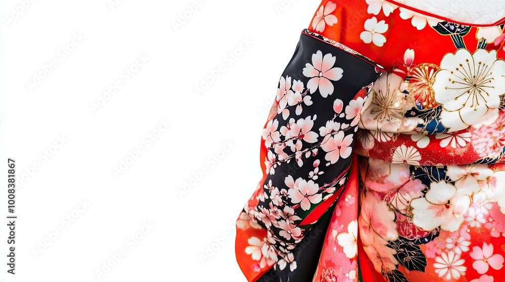 Close-up of a Red and Black Floral Kimono Sleeve Close-up of a Red and Black Floral Kimono Sleeve