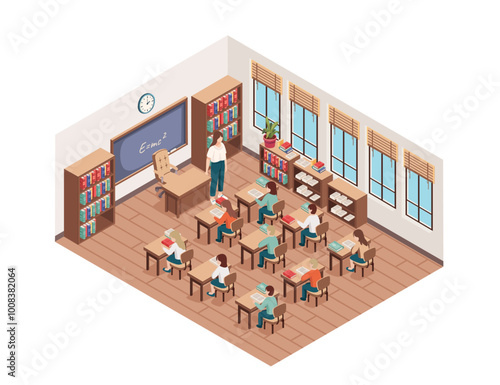 Detailed isometric classroom with desks, chairs, and a chalkboard. Cartoon characters design. Teaching process with adult teacher and students sitting at desks. Vector illustration