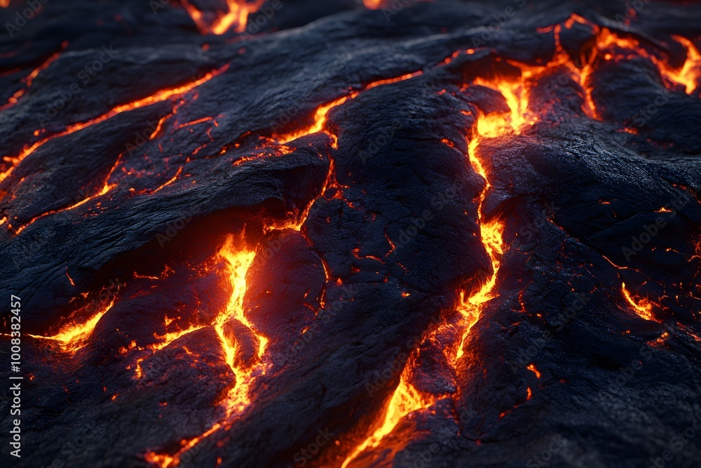 Close-up of molten lava flow with glowing cracks and dark surface. Close-up of molten lava flow with glowing cracks and dark surface.