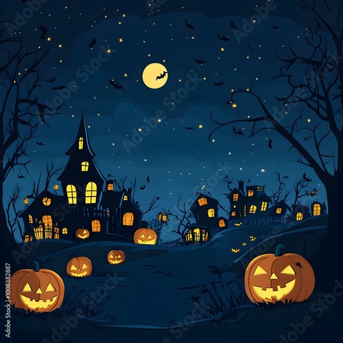 Spooky Halloween Haunted House Scene with Glowing Pumpkins and Full Moon in Starry Night Sky photo