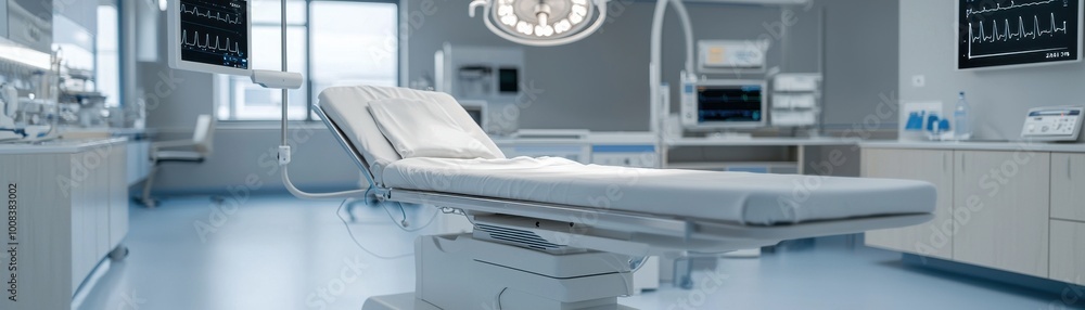 Modern surgical room with advanced medical equipment and a comfortable operating table. Modern surgical room with advanced medical equipment and a comfortable operating table.