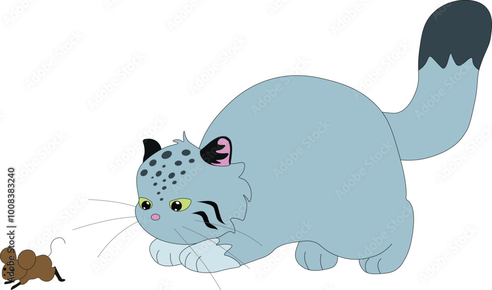 Fototapeta premium cute wild cat manul hunts a small mouse that runs away from him, stock vector, cartoon