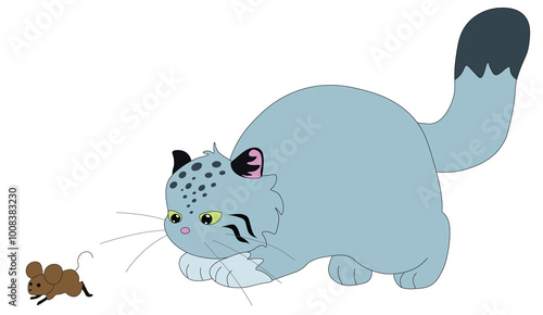 cute wild cat manul hunts a small mouse that runs away from him, stock vector, cartoon photo