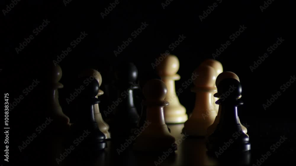 Group of white chess pawns and black pawns revolving. Integration Group of white chess pawns and black pawns revolving. Integration