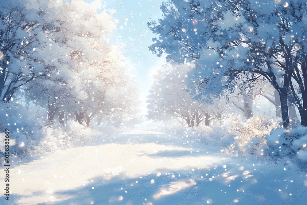 A serene winter landscape with snow-covered trees and a bright sky. A serene winter landscape with snow-covered trees and a bright sky.
