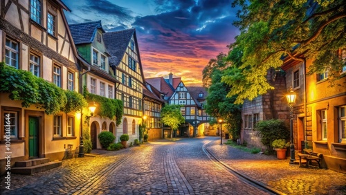 Charming cobblestone street in Germany with historic buildings and vibrant green trees lining the way