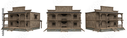 Old wild west saloon building wooden construction. Set of 3 isolated 3D rendered illustrations from different angles. photo