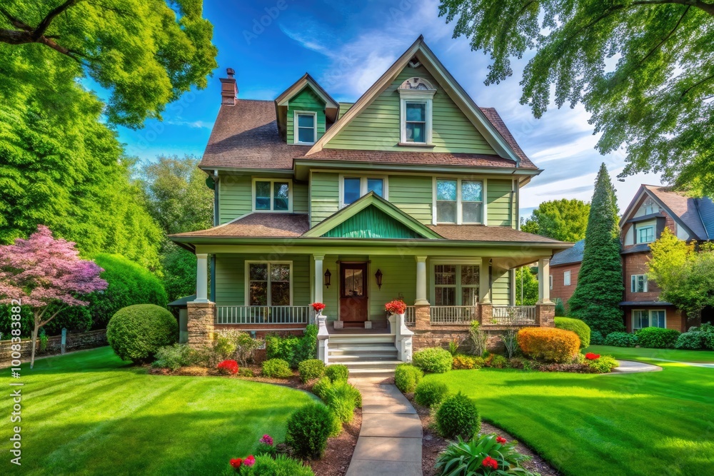 Charming Detroit Home Exterior with Lush Green Lawn and Inviting Front Porch on a Sunny Day Charming Detroit Home Exterior with Lush Green Lawn and Inviting Front Porch on a Sunny Day