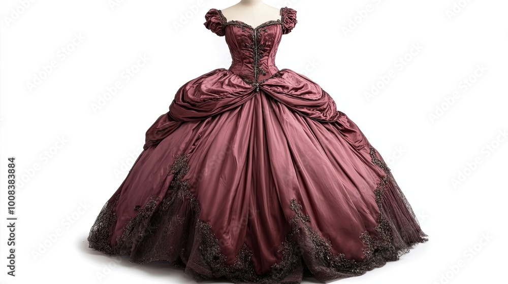 A Maroon Ball Gown with Beaded Lace Accents A Maroon Ball Gown with Beaded Lace Accents
