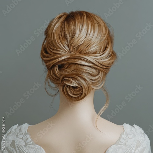 Elegant updo hairstyle featuring golden blonde strands styled in soft waves, perfect for special occasions or bridal looks.