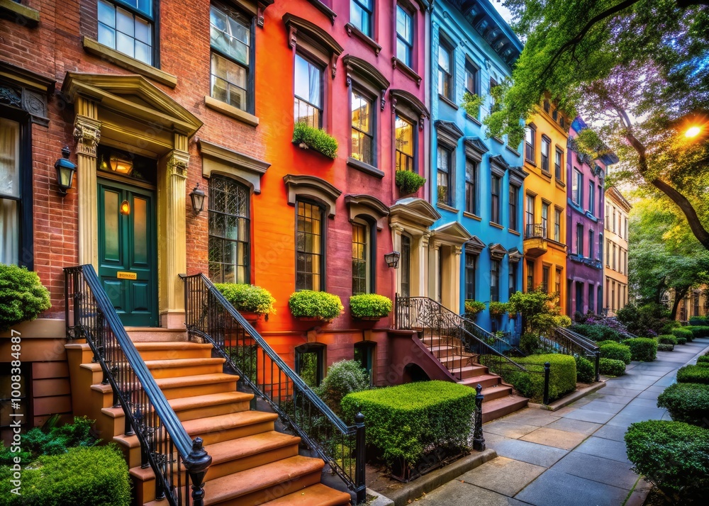 Fototapeta premium Charming Town Homes in New York City Showcasing Urban Architecture and Vibrant Neighborhood Life